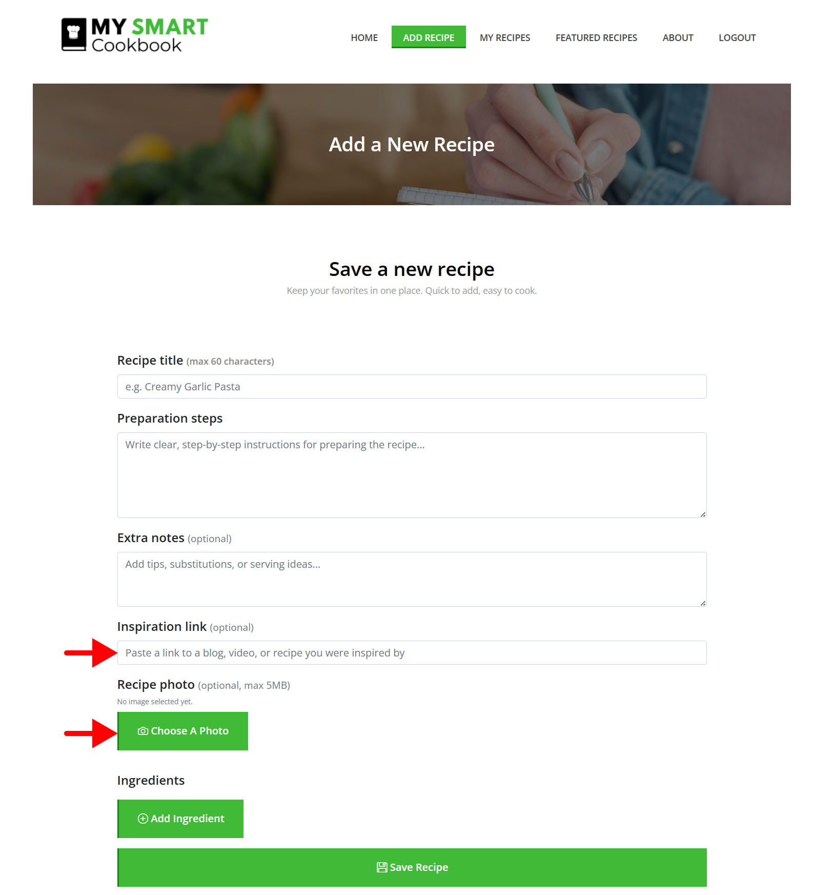 Add external link and upload recipe image