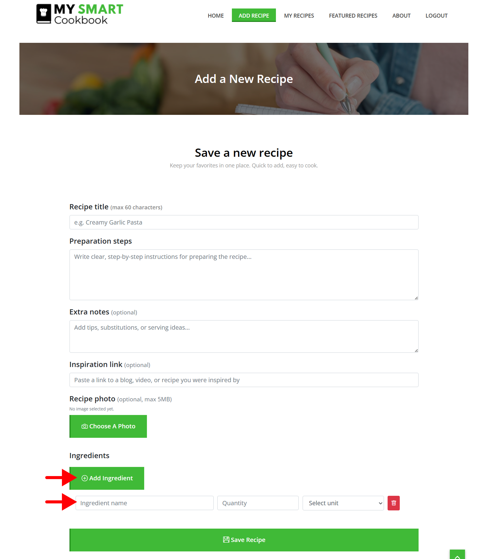 Add ingredients with unit and quantity